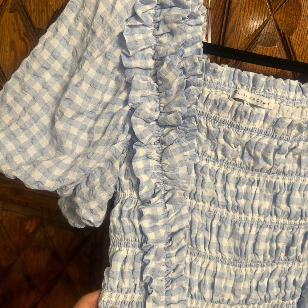 English Factory Light Blue Checkered Ruffle Blouse - Picture 3 of 5